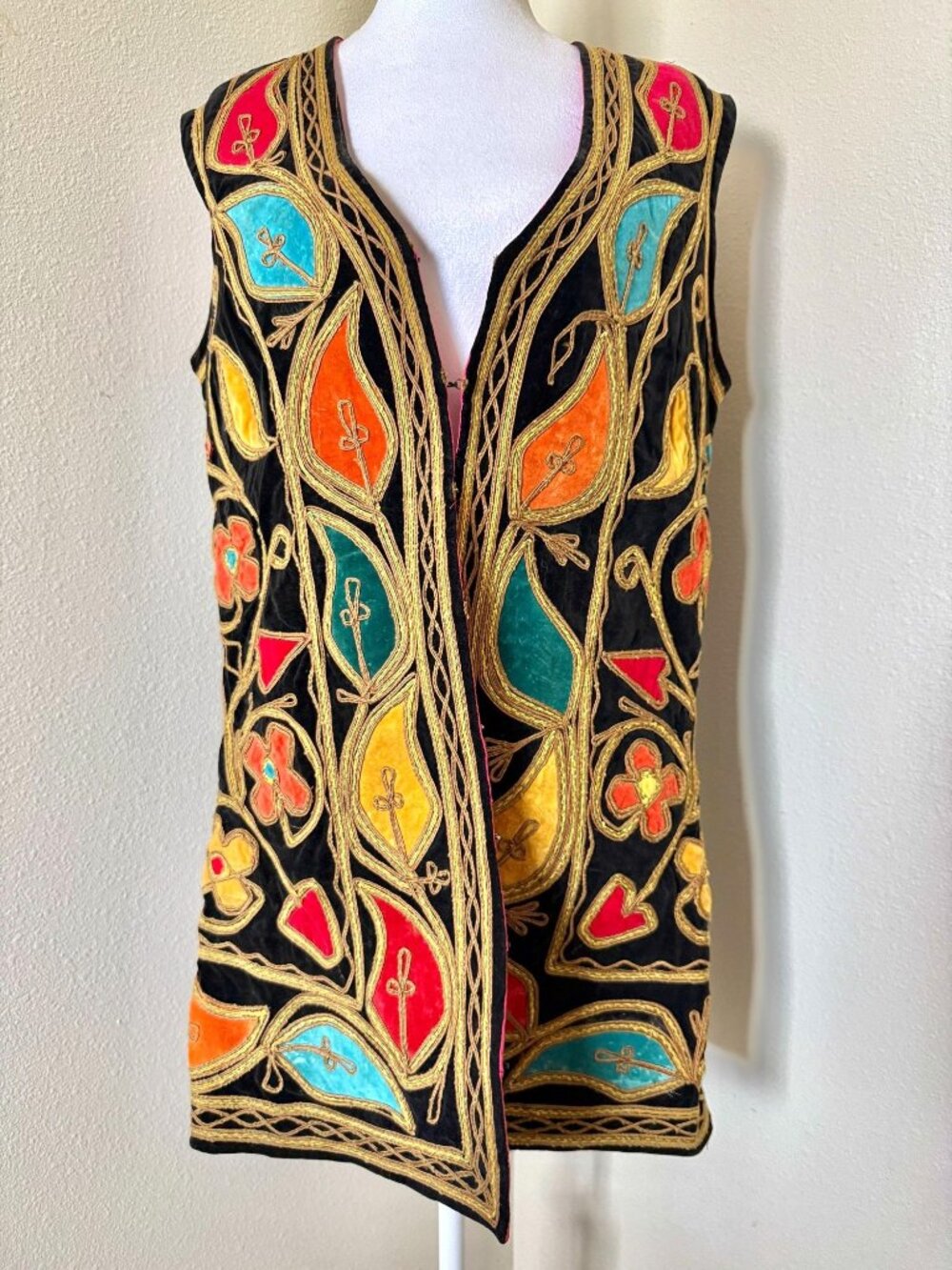Vintage 1960s Embroidered Velvet Afghan Vest / Unisex Boho Festival Waistcoat